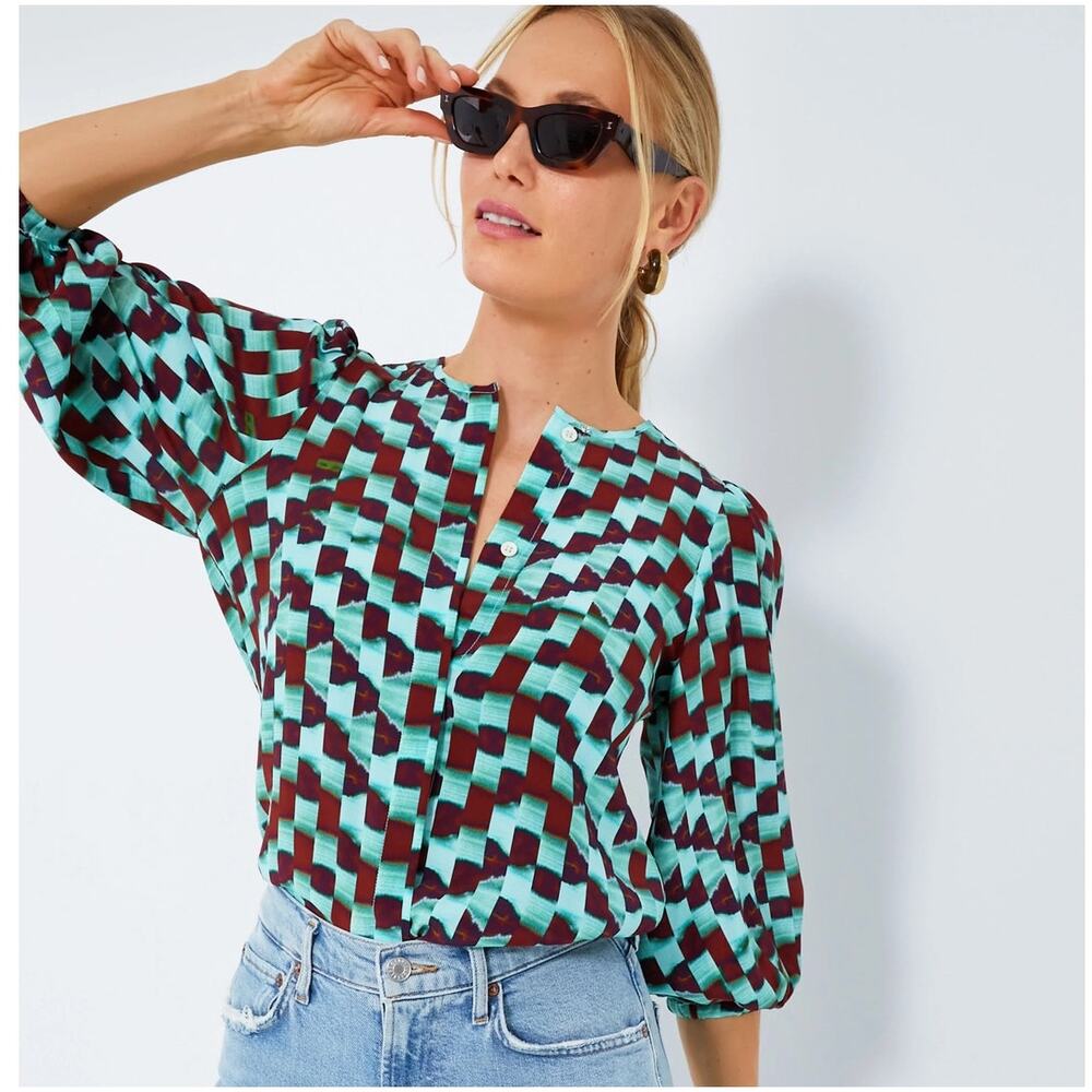Hunter Bell Subway Tile Finley 3/4 Sleeve Silk Blouse Size Small